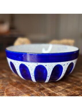 Hand-Painted Stoneware Blue & White Speckled Modern  9"